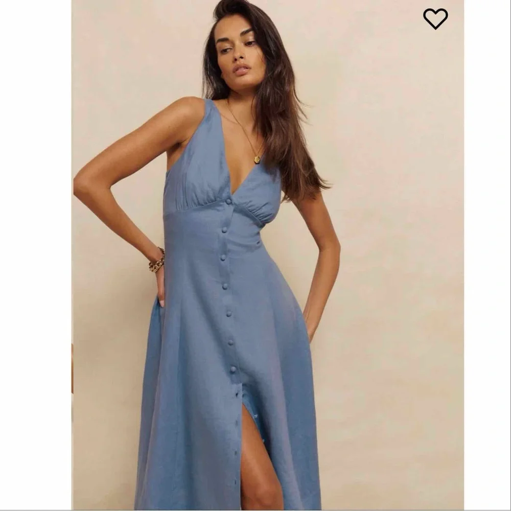 Reformation Sebastien Blue Linen Midi Dress - Picture 3 of 4
